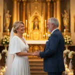 Para seniorów odnawia przysięgę małżeńską w kościele na złote gody, wokół złote ozdoby i kwiaty