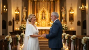 Para seniorów odnawia przysięgę małżeńską w kościele na złote gody, wokół złote ozdoby i kwiaty
