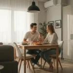 Mloda para malzenska siedzi przy wspolnym stole i rozmawia w przytulnym domu w pierwszym roku malzenstwa
