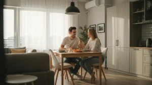 Mloda para malzenska siedzi przy wspolnym stole i rozmawia w przytulnym domu w pierwszym roku malzenstwa