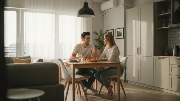 Mloda para malzenska siedzi przy wspolnym stole i rozmawia w przytulnym domu w pierwszym roku malzenstwa