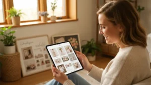 Kobieta przegląda Pinterest do planowania ślubu na tablecie, otoczona inspiracjami do dekoracji sali i sukni ślubnej