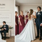 Panna młoda i pan młody w otoczeniu drużby przygotowujący się do ceremonii ślubnej - plan dnia ślubu