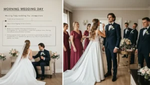 Panna młoda i pan młody w otoczeniu drużby przygotowujący się do ceremonii ślubnej - plan dnia ślubu