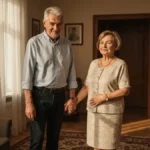 Para w średnim wieku trzymająca się za ręce w złotych obrączkach, ciepłe światło słoneczne, atmosfera miłości i trwałości małżeństwa