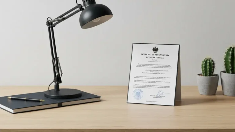 Dokument pozwu rozwodowego na biurku z piórem i pieczęcią sądu