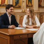 Para siedzi przy biurku w kancelarii parafialnej podczas rozmowy z księdzem o protokole przedślubnym