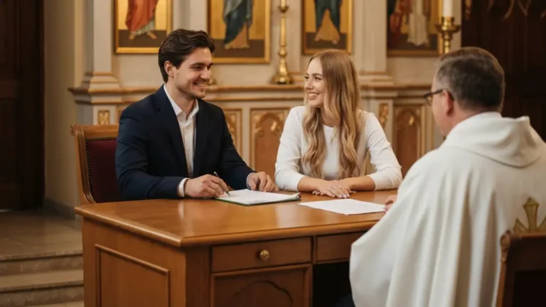 Para siedzi przy biurku w kancelarii parafialnej podczas rozmowy z księdzem o protokole przedślubnym