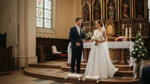 Para młoda podczas składania przysięgi małżeńskiej w kościele - panna młoda i pan młody trzymają się za ręce