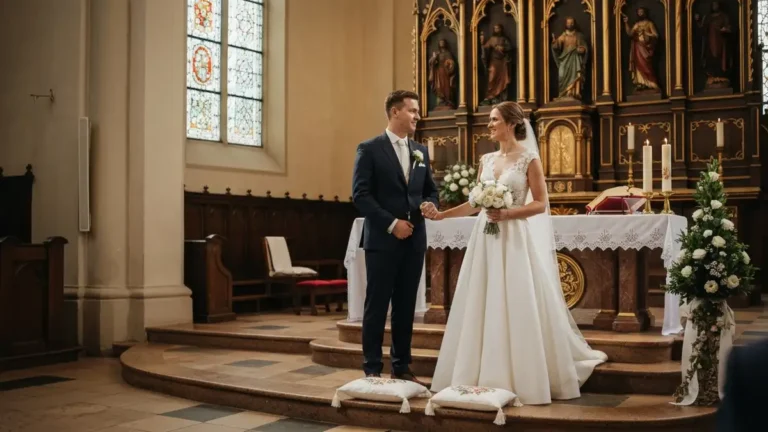 Para młoda podczas składania przysięgi małżeńskiej w kościele - panna młoda i pan młody trzymają się za ręce