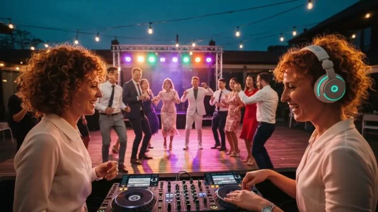 DJ ze słuchawkami przy mikserem na weselu, tańczący goście w tle, kolorowe oświetlenie parkietu