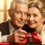Para seniorów przytulająca się, trzymająca rubinowy pierścionek i życzenia na rocznicę rubinową