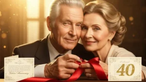 Para seniorów przytulająca się, trzymająca rubinowy pierścionek i życzenia na rocznicę rubinową