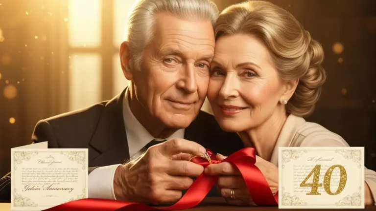 Para seniorów przytulająca się, trzymająca rubinowy pierścionek i życzenia na rocznicę rubinową