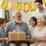 Para seniorów świętująca rocznicę złotą z rodziną i prezentem