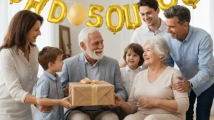 Para seniorów świętująca rocznicę złotą z rodziną i prezentem