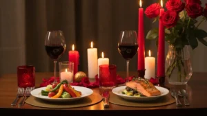 Pięknie przygotowany stół na romantyczną kolację na rocznicę ślubu z świecami, kwiatami i eleganckimi daniami