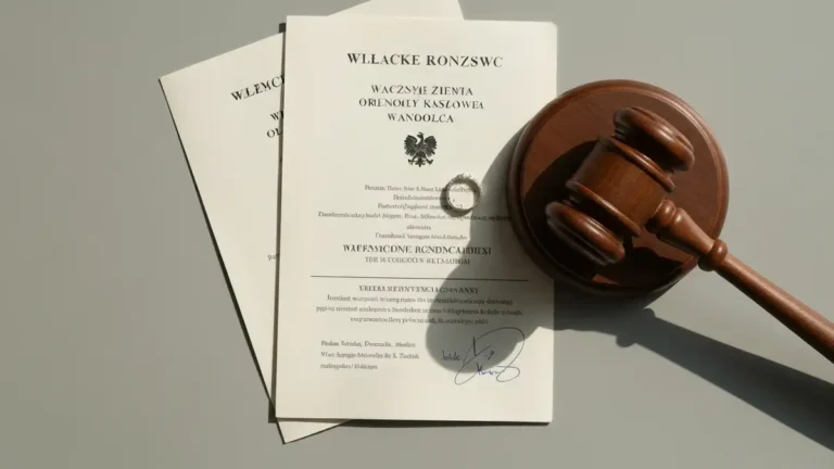 Procedura rozwodowa w Polsce - dokumenty sądowe i młotek sędziowski na stole