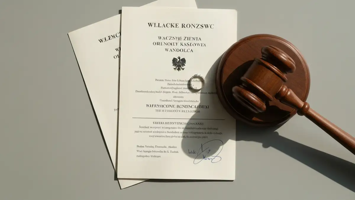 Procedura rozwodowa w Polsce - dokumenty sądowe i młotek sędziowski na stole
