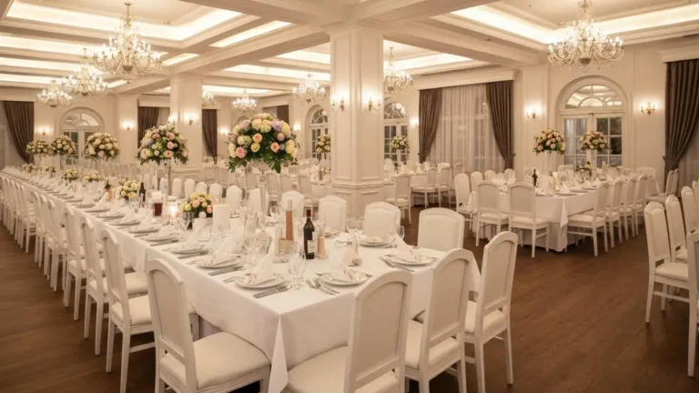 Elegancka sala weselna w Krakowie z białym wyposażeniem, oświetleniem i dekoracjami, przygotowana na wesele