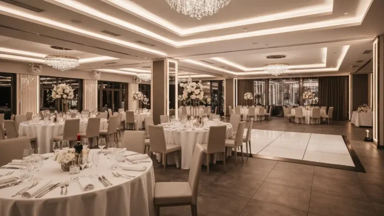 Elegancka sala weselna we Wrocławiu z oświetleniem, stołami przystrojonymi na wesele, widokiem na parkiet taneczny