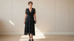Elegancka kobieta w czarnej sukience midi na weselu, z biżuterią i szpilkami, patrząca do boku z uśmiechem