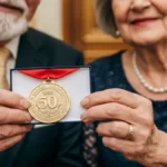 Starszą parę świętującą złote gody z medalem za długoletnie pożycie małżeńskie