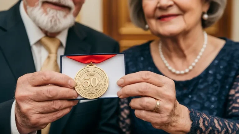 Starszą parę świętującą złote gody z medalem za długoletnie pożycie małżeńskie