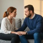 Kobieta i mężczyzna na sofie, szukają pojednania - rozmowa po zdradzie